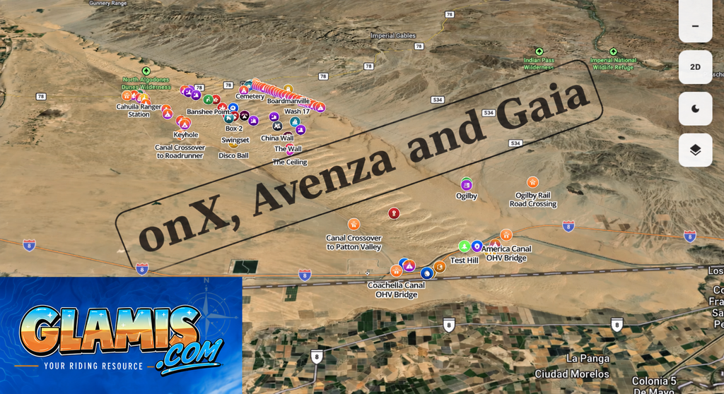 Detailed map display of Glamis Sand Dunes featuring Avenza, Gaia, and OnX offroad maps for planning rides.