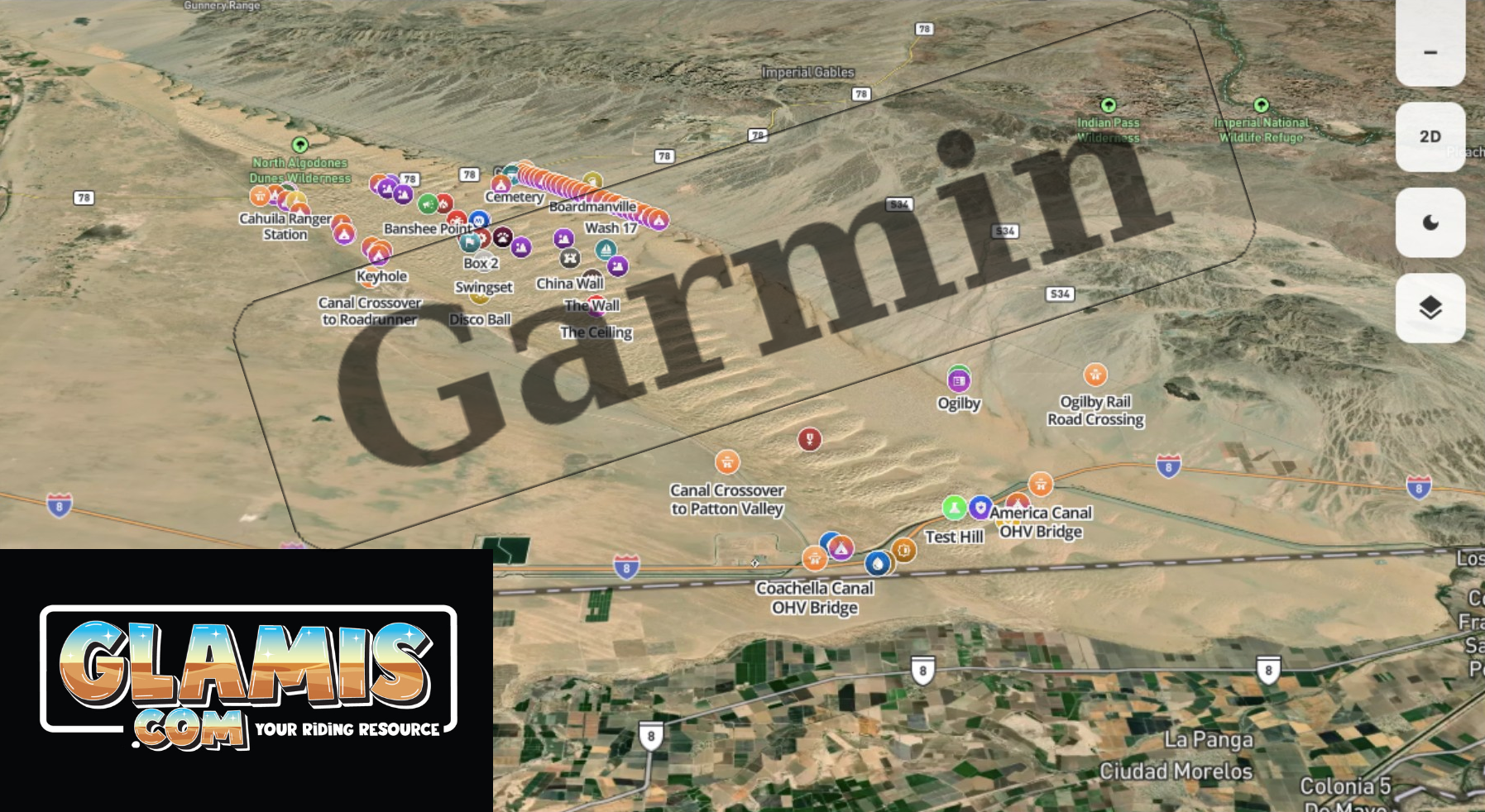 Glamis Sand Dunes Garmin offroad map displayed on a Garmin GPS device for off-road adventure planning.