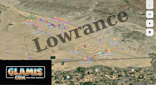 Lowrance offroad map displayed on screen for Glamis Sand Dunes, showing detailed navigation and terrain planning for off-road riding.