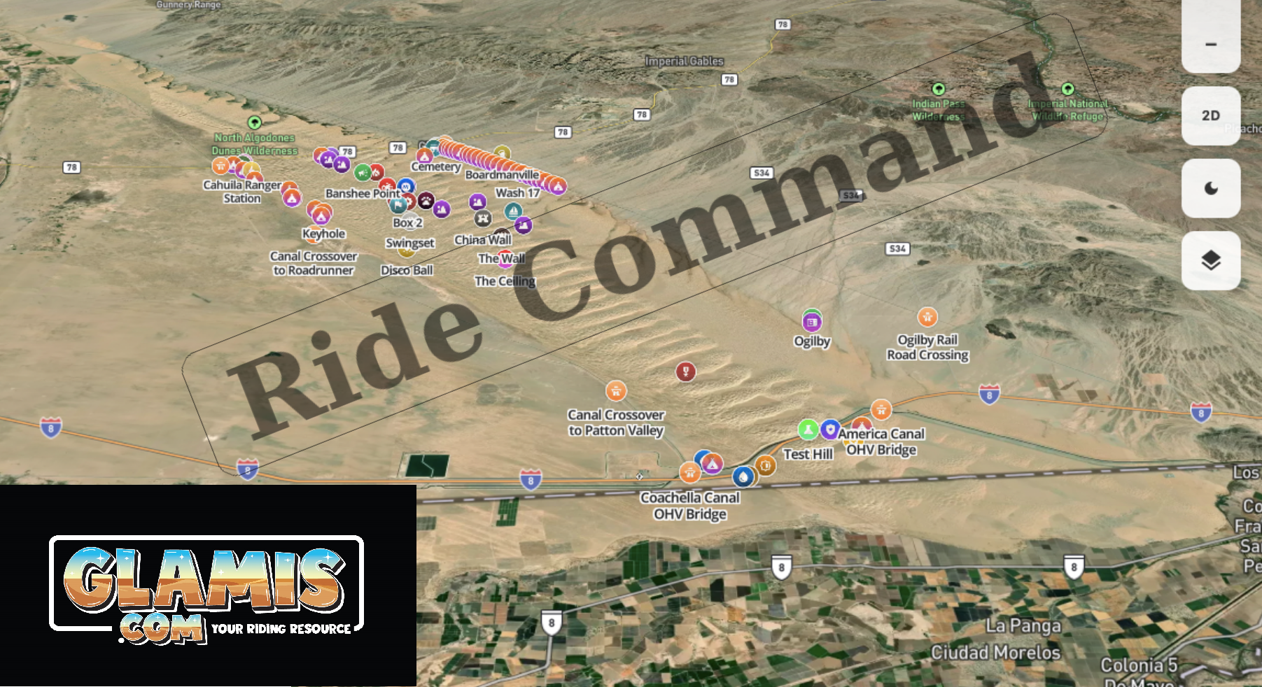 Glamis Sand Dunes Ride Command Offroad Map showing trail routes and navigation details for off-road adventures.