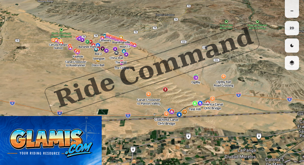 Glamis Sand Dunes Ride Command Offroad Map displayed on a digital device, showing detailed offroad trail routes and navigation features.