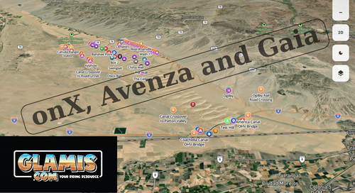 Glamis Sand Dunes Offroad Map displayed on OnX, Avenza, and Gaia apps, showing detailed terrain and trail routes for off-road riding.